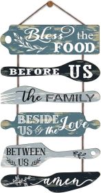 Bless the Food Before Us Farmhouse Kitchen Wall Decor - Dining Room Decorations Collage Wall Art in Neutral Teal/Aqua Color - Wooden Rustic 6pcs